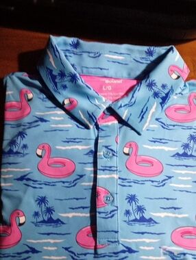 Blue Flamingo Print "Birdiebound" Polo Shirt - Large